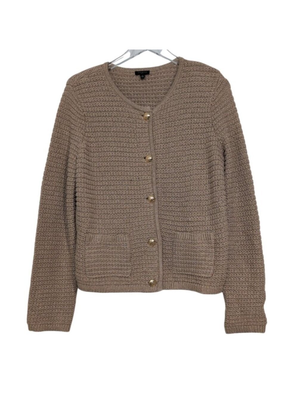 Talbots Metallic Knit Cardigan Womens Petite Size Large Beige Gold Buttons Sweat